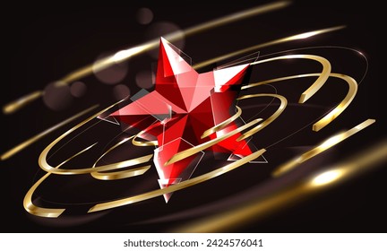 3d red star with light ray effect element and glitter glass. Gold rings. Award ceremony background.