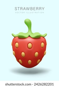 3D red strawberry in cartoon style. Sweet ripe berry. Vertical poster