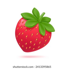 3D red strawberry. Shiny strawberry fruit. Sweet fruit that is refreshing in summer. 3D Vector Illustration.