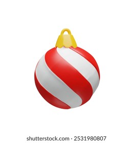 3d red striped sphere render Christmas ball. Realistic three-dimensional vector illustration. Winter holiday colors decoration in cartoon luxury style. Symbol for Happy New year and Merry Christmas.