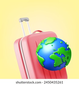 3d red suitcase with blue globe on top isolated on white. Render travel bag with planet earth. Travel inspired design element. Holiday or vacation. Transportation concept. Vector Illustration