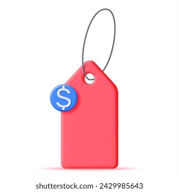 3D Red Tag with String and Dollar Sign Isolated on White Background. Render Empty Label. Cardboard Price Tag for Sale. Empty Sticker and Rope. Promo, Sale, Offer or Gift Concept. Vector Illustration