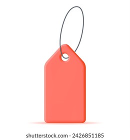 3D Red Tag with String Isolated on White Background. Render Empty Label. Cardboard Price Tag for Sale. Empty Sticker and Rope. Promo, Sale, Offer or Gift Concept. Vector Illustration