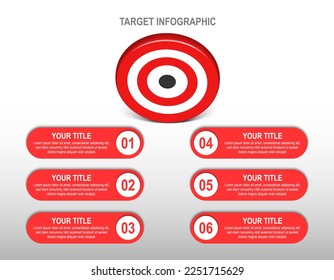 3d red target dartboard with 6 label infographic. target step number layout. Business data chart, investment goal, marketing challenge, strategy presentation, achievement diagram. info vector template
