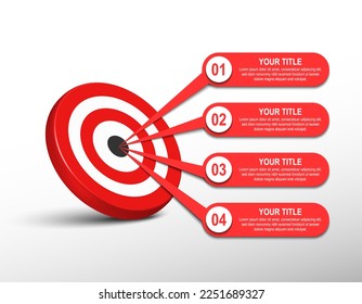 3d red target dartboard with label infographic. target step number. Business data chart, investment goal, marketing challenge, strategy presentation, achievement diagram. information vector template.