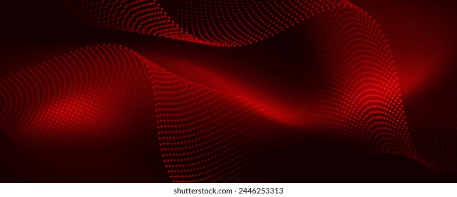 Fondo techno 3D rojo en espacio oscuro con líneas punteadas forma efecto decoración. Elemento de Diseño gráfico moderno con concepto de estilo de ondas de puntos brillantes para Anuncio de Web, volante, tarjeta o cubierta de folleto