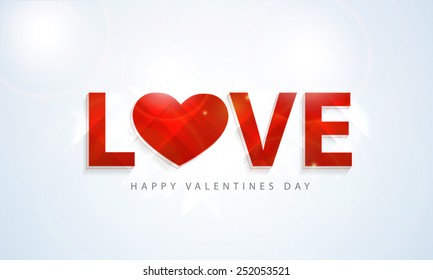 3D red text Love with heart on shiny blue background for Happy Valentine's Day celebrations.