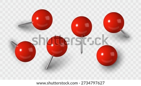 3D red thumbtack pin set isolated on background. Vector illustration.