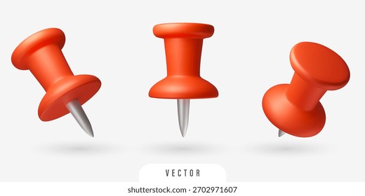 Conjunto de thumbtacks vermelho 3D. Pinos de papel de carta isolados de vetor