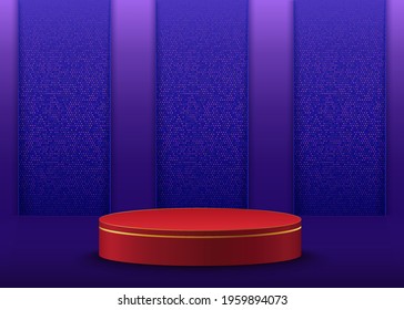 3d red tone podium 3 strips of blue tone polka dot background.