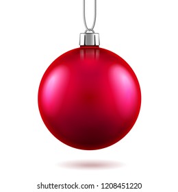 3d red toy for 2019 new year or realistic vermillion ball for merry christmas decoration. Xmas bauble with shadow or holiday sphere for festive. Celebration postcard or greeting card theme