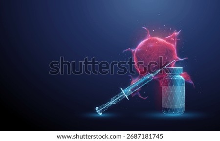 3d red tumor with a medicine bottle and a syringe. Cancer treatment, drug delivery, targeted therapy, chemotherapy, medical research, oncology study concept. Low poly digital futuristic style. Vector.