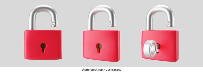 3d red unlocked padlock icon set with key isolated on gray background. Render minimal open padlock with a keyhole. Confidentiality and security concept. 3d cartoon simple vector illustration