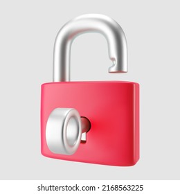 3D-rotes, unverschlossenes Padlock-Symbol mit Schlüssel einzeln auf grauem Hintergrund. Render minimaler offener Padlock mit einem Schlüsselloch. Vertraulichkeit und Sicherheitskonzept. 3D-Cartoon, einfache Vektorgrafik
