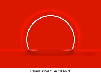 3D Red Valentine's Day podium featuring neon glow. A vector template for presenting products, promotions, and shopping with a Valentine's Day love theme.Abstract geometric forms.