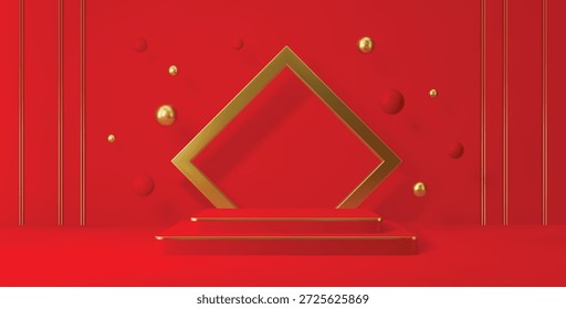 3d red vector podium stage with golden square arch, red and shiny spheres or pearls and vertical lines. Luxury product display, holiday event platform, cosmetics podium background for presentation