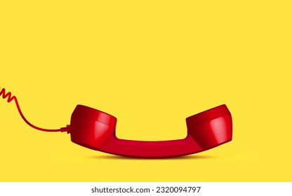 3d red vintage phone receiver communication isolated on floor with yellow background. Retro analog telephone handset. Old communicate technology. object composition bottom vector illustration