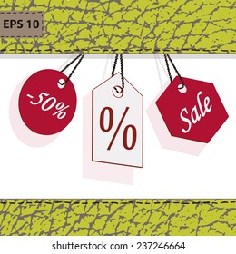 3D red and white label or price tag with cord, isolated on white background. leather texture. vector illustration.