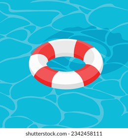 3d red and white lifebuoy. Floating inflatable lifebuoy on the water. Swimming pool circle. Safe a life concept. Vector illustration in a trendy style