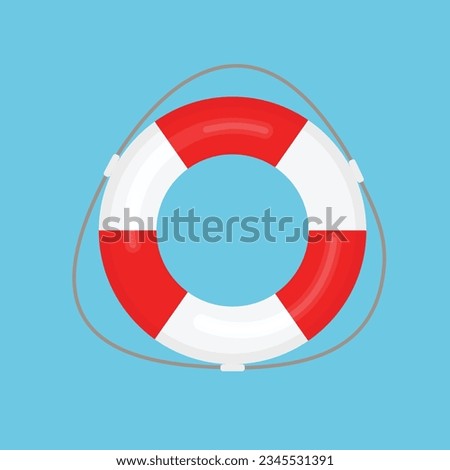 3d red and white lifebuoy top view. Safe a life concept. Vector illustration in trendy flat style isolated on blue background.