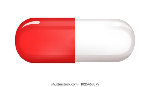 3D red and white pill. Isolated icon on white background. Vector illustration.