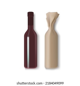 3D Red Wine Bottle And Packed In Craft Paper Bottle. EPS10 Vector