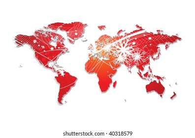 3d red world map on christmas background, vector illustration