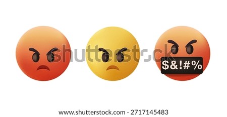 3d Red and Yellow Angry emoji Face, emoticon Face with Symbols Over Mouth, Serious Face with Symbols Covering Mouth, red mad, Grumpy, angry emotion, Swearing, Grawlix, Cussing, Cursing character