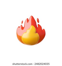 3D red and yellow fire emoji icon. Graphic stylized element. Burning fire with tongues of flame. Energy and strength icon. Vector illustration isolated on white background.