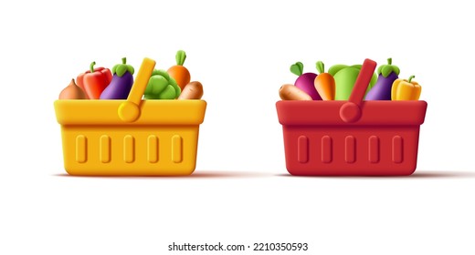 3d red and yellow grocery store basket full of vegetables, isolated