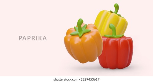 3D-rote, gelbe, orangefarbene Paprika. Reife Glocke Paprika. Vegetarische Zutaten für Sommergerichte. Klassische und nationale Küche. Farbposter für saisonales Gemüse