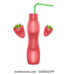 3D Red Yogurt Plastic Bottle, Realistic Bottle with strawberry drinking yogurt, Vector EPS 10 illustration