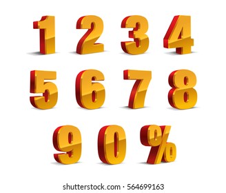 3D Red-Yellow-Golden Metallic Letter. 0, 1, 2, 3, 4, 5, 6, 7, 8, 9 numeral alphabet. Vector Isolated Number.