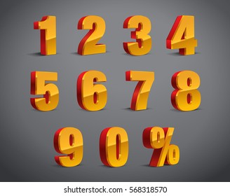3D Red-Yellow-Golden Metallic Letter. 0, 1, 2, 3, 4, 5, 6, 7, 8, 9 numeral alphabet. Vector Isolated Number.