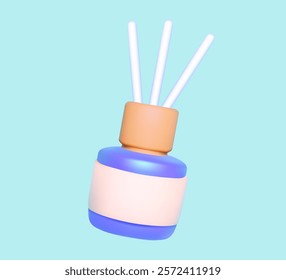 3D reed diffuser in a blue and beige bottle with white sticks, set against a soft blue background. Home fragrance and relaxation concept.