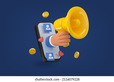 3d refer a friend concept. Cartoon hand holding megaphone illustration on dark background. Vector partnership marketing in social media