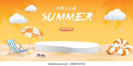 3d refreshing Colorful Summer sale promotion banner with summer tropical beach vibes decoration background