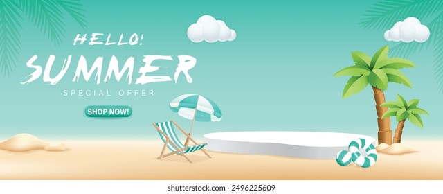 3d refreshing Colorful Summer sale promotion banner with summer tropical beach vibes decoration background