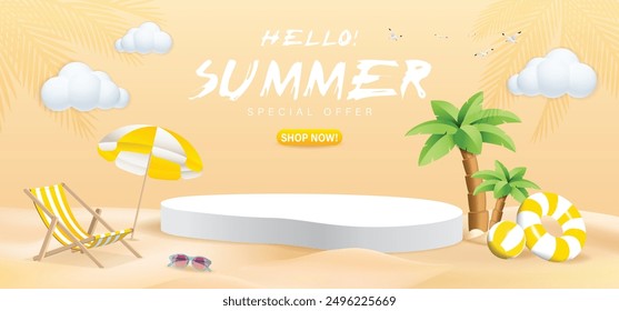 3d refreshing Colorful Summer sale promotion banner with summer tropical beach vibes decoration background