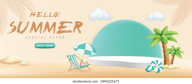 3d refreshing Colorful Summer sale promotion banner with summer tropical beach vibes decoration background