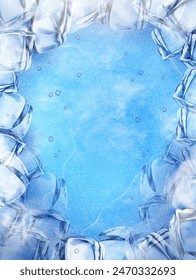 3D Refreshing cooling background with ice cubes border.