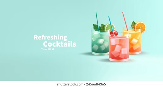3D refreshing summer cocktails, drinks with ice. Realistic image of colored drinks in glass glasses. The image is on a blue background for advertising summer holidays, promotional offers,