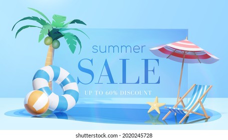 3d refreshing summer sale template. Composition of blue glass board with cute beach object and swimming pool. Concept of island vacation. - Shutterstock ID 2020245728