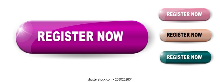 3d Register now button for web marketing design in trendy colors. Website design concept. Business technology. Digital marketing.