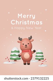 3D reindeer baby waving his hand, plump and cute Christmas character. Tree with snow cover, candy cane render. Vector New Year minimal illustration in cartoon plastic style. Greeting card, banner.