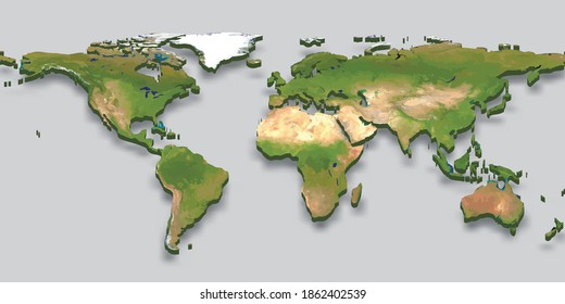 3d relief world map iwith shadow solated