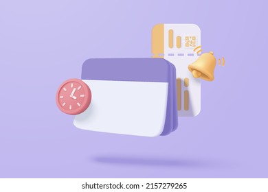 3D reminder in calendar for buy airline boarding pass ticket. Notifications for tourism and travel summer vacation concept. 3d vector passenger airplane ticket alert planning render illustration