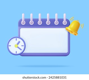 3D reminder in calendar. Calendar with clock and notification bell. alert for business planning ,events, reminder in calendar background. 3d render. Vector illustration