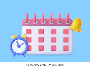 3D reminder in calendar. Calendar with clock and notification bell. alert for business planning ,events, reminder in calendar background. 3d render. Vector illustration