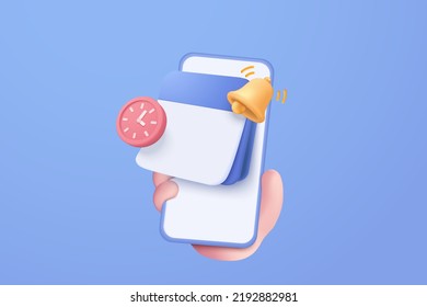 3D reminder in calendar on mobile phone in hand. notifications 3d icon with floating elements. Alert for business planning ,events, reminder and timetable. 3d calendar vector icon render on calendar svg